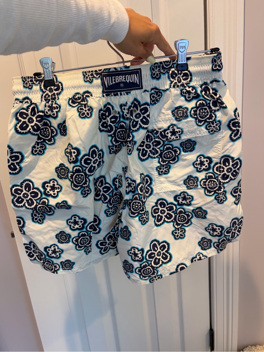 Vilebrequin White Swim Trunks with Navy and Teal Floral Print